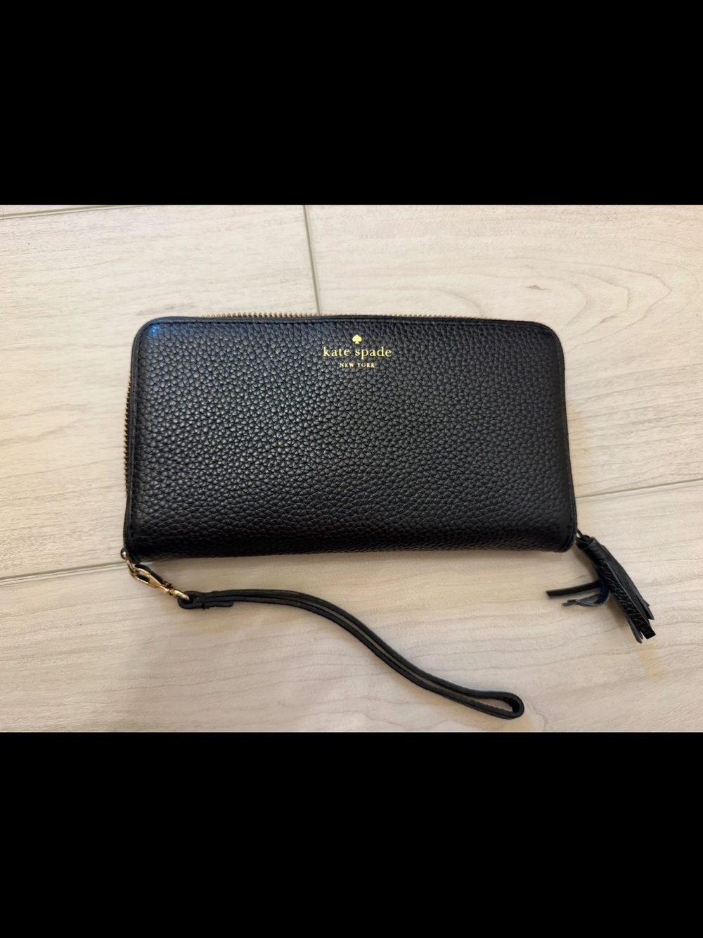 kate spade Black Pebbled Leather Zip Wristlet with Tassel